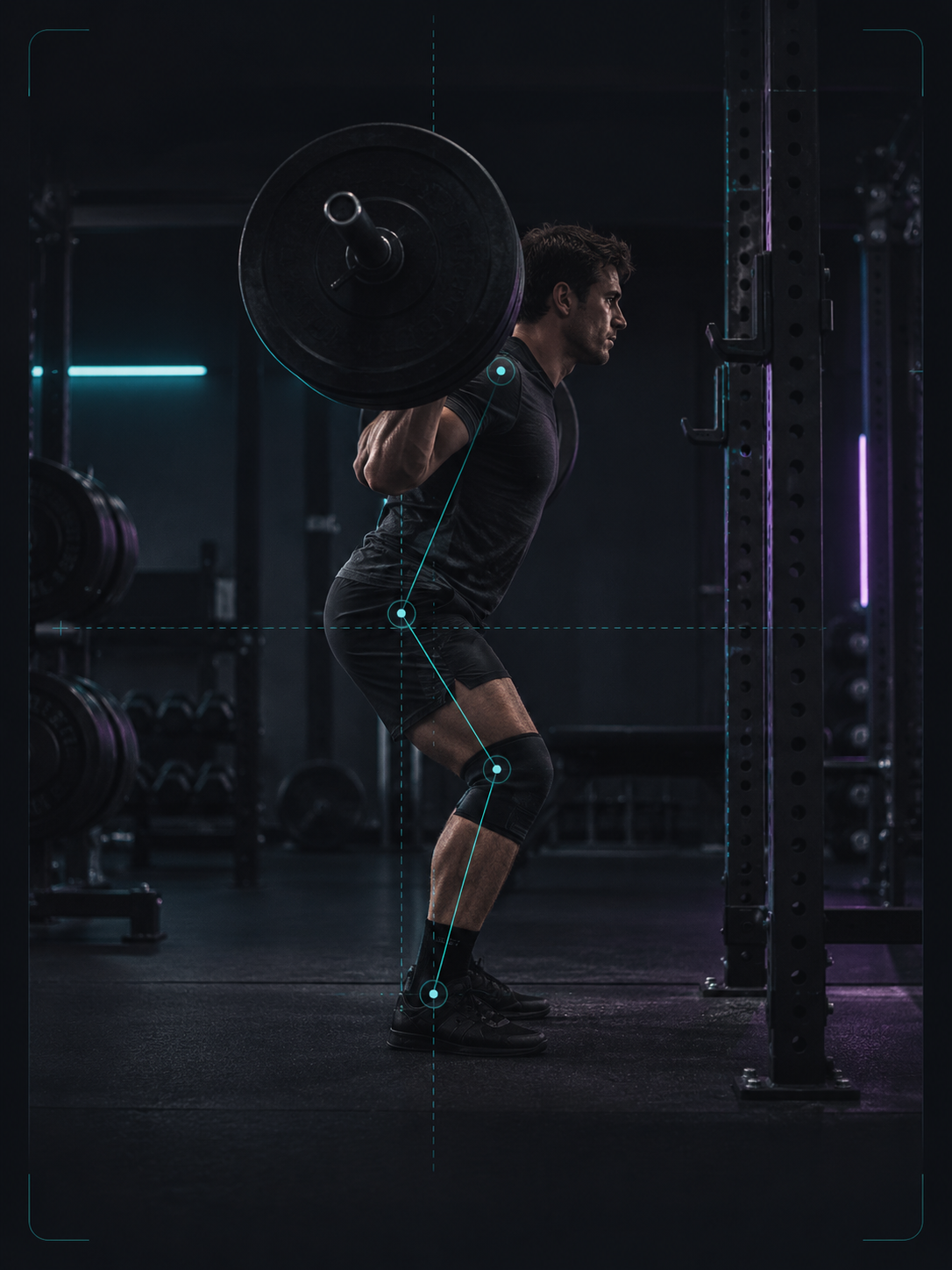 Side-on capture of a back squat descent, bar path and knee tracked mid-rep.